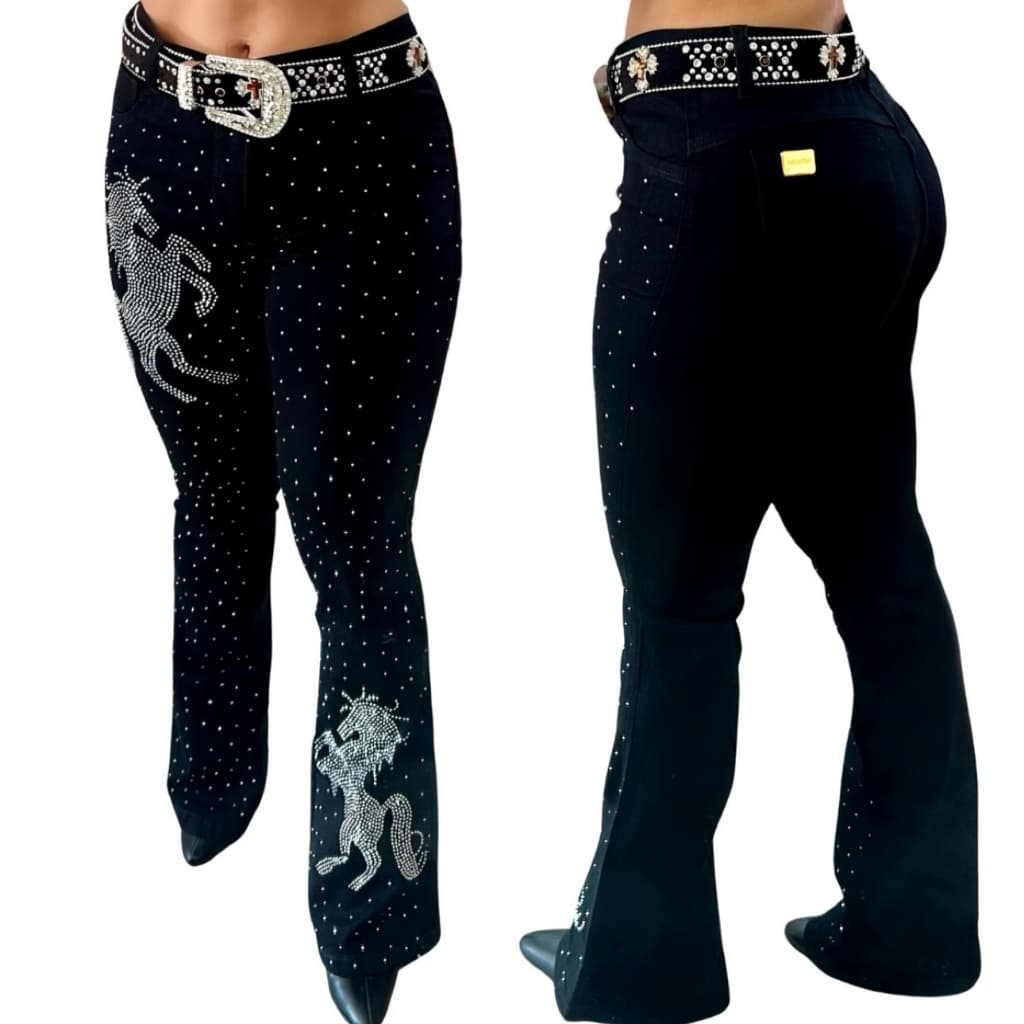 Calça Country Flare Jeans Feminina Linha Premium Cintura Alta com Brilhos Rodeio Cavalgada West