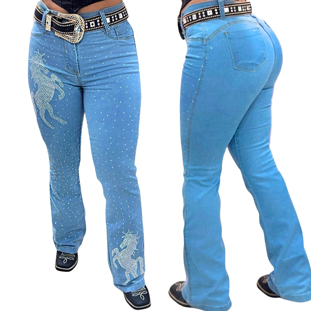 Calça Country Flare Jeans Feminina Rodeio Cavalaria Clara Cintura Alta com Brilhos Luxo Cavalgada