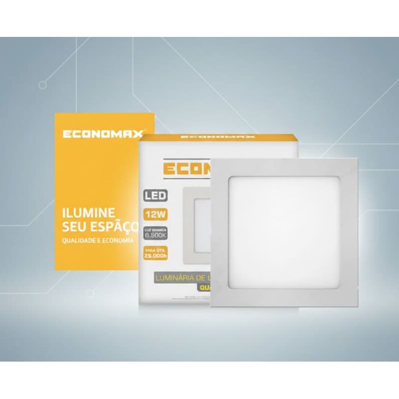 Luminária Led Slim Quadrada Sobrepor 12W 6.500K Branca Fria Bivolt Economax