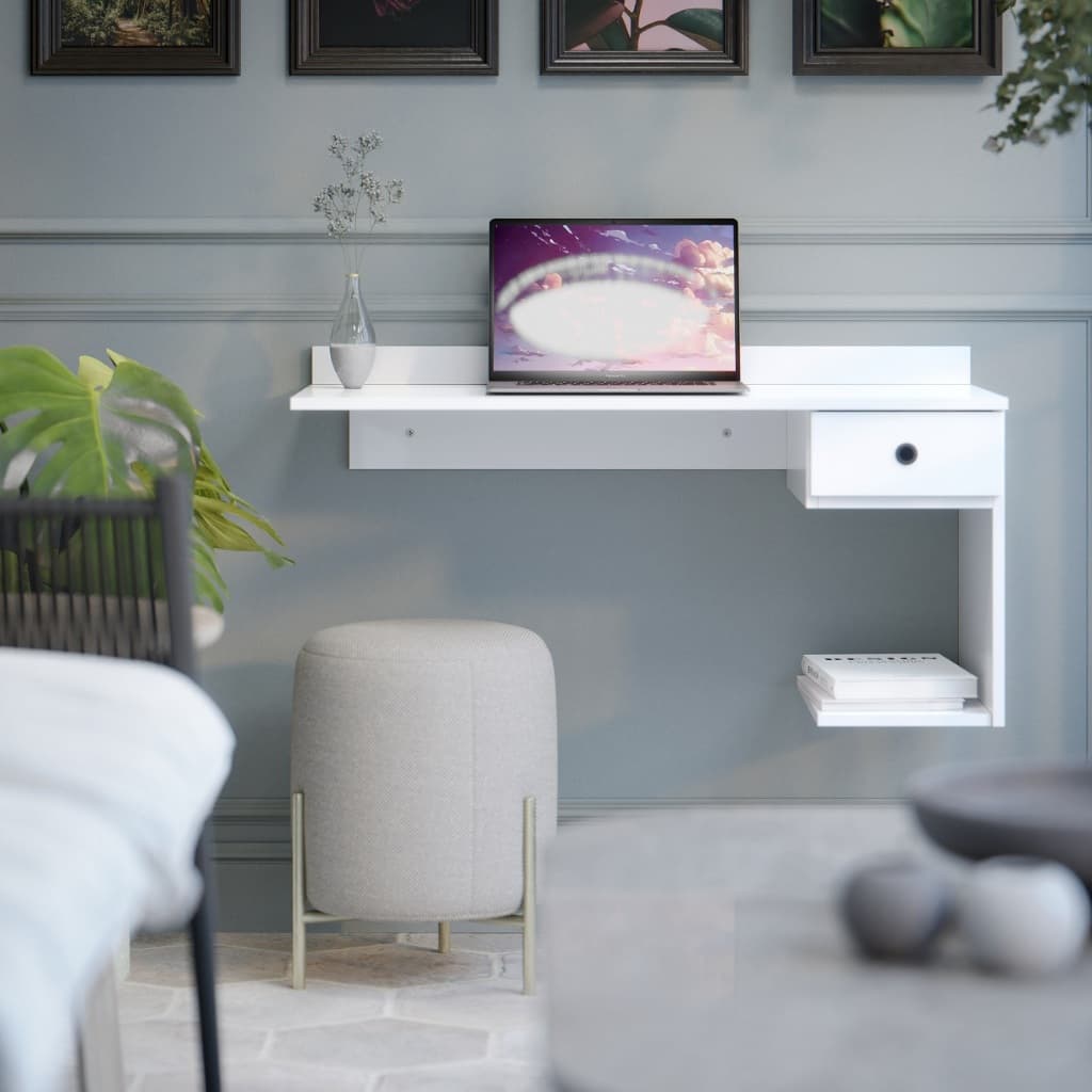 Escrivaninha Suspensa com Gaveta e Prateleira – Mesa para Notebook Home Office