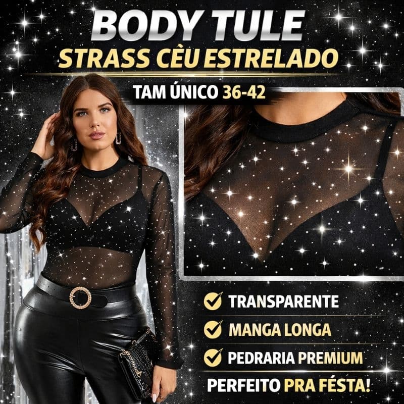 Body Tule Preto Transparente com Strass Constelação Estrelado Manga Longa Tam Único PP ao M 34-38