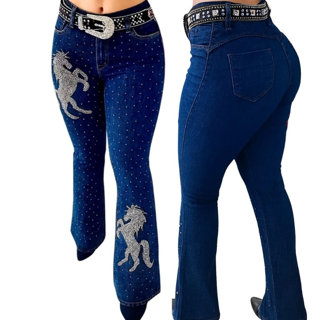 Calça Country Flare Jeans Feminina Linha Premium Cintura Alta com Brilhos Rodeio Cavalgada West