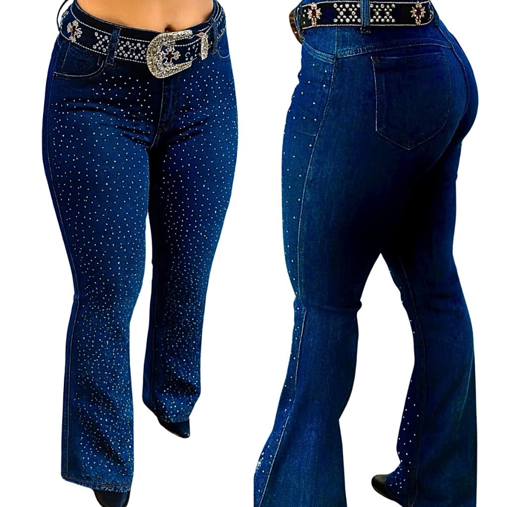 Calça Country Flare Jeans Feminina Linha Premium Pedrarias Cintura Alta com Brilhos Rodeio Cavalgada