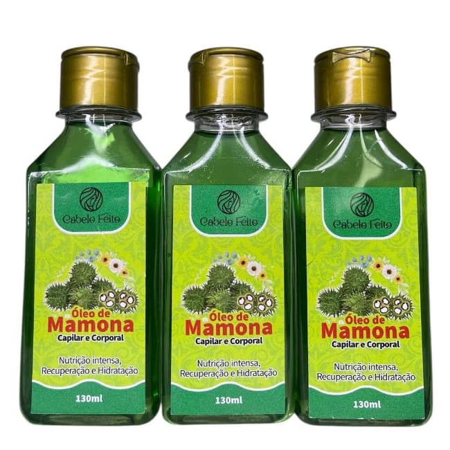 Kit Com 3 Óleo de Mamona Capilar e Corporal Previne a Queda de Cabelo 130mL Cabelo Feito