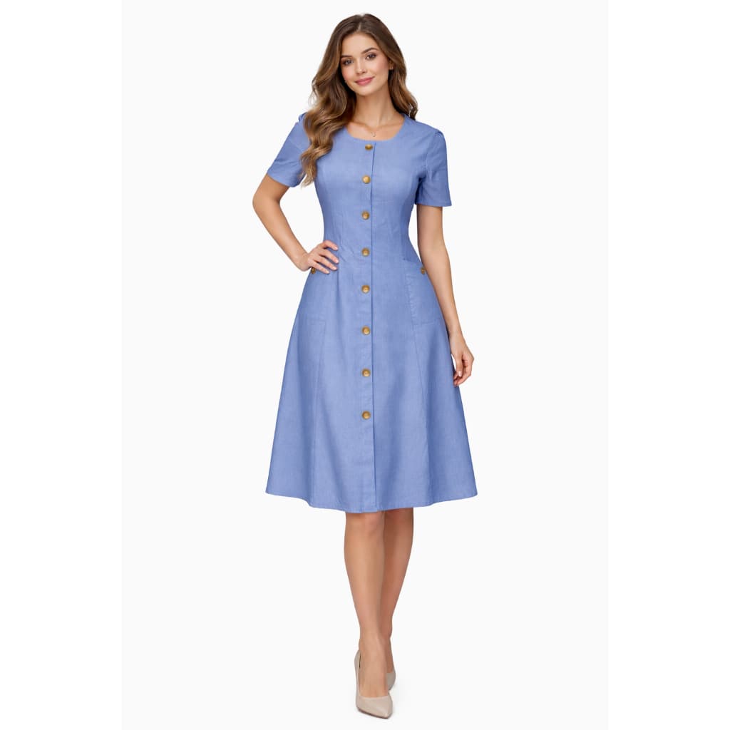 Vestido Evangelico Elegante  Chambray Premium Midi com Botões e  Bolsos Moda Evangélica com Elastano