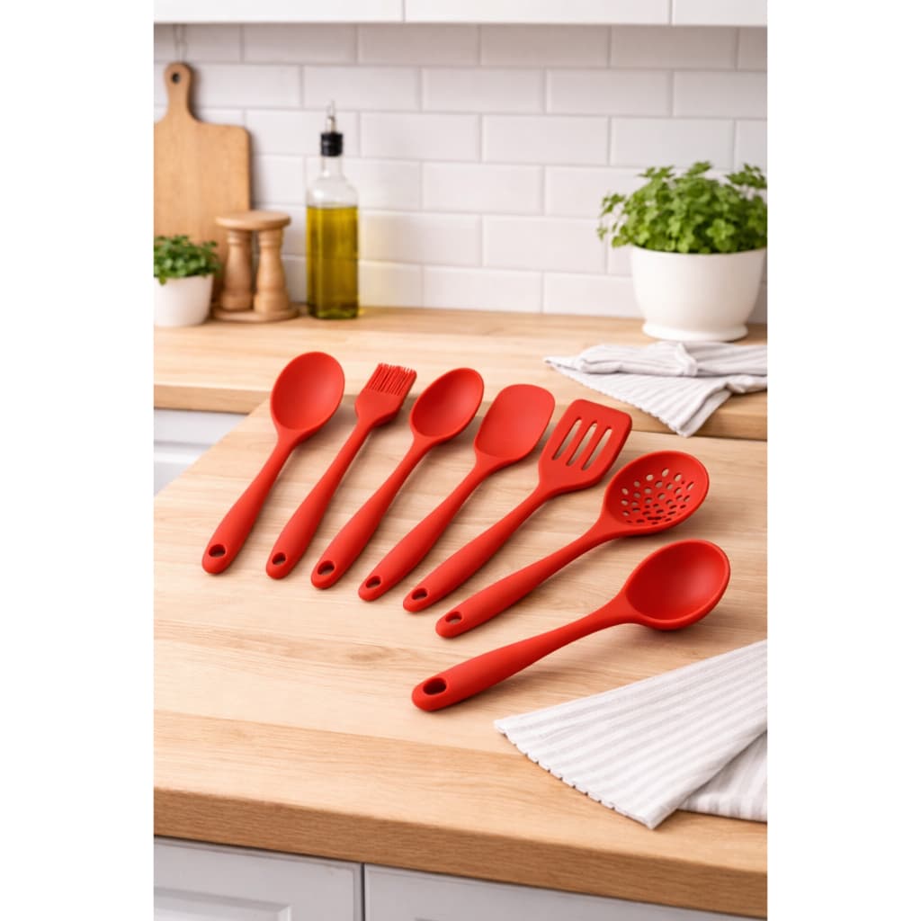 Kit Utensílios de Cozinha Silicone 8 Peças – Espátulas, Concha, Escumadeira e Pincel | Preto ou Vermelho