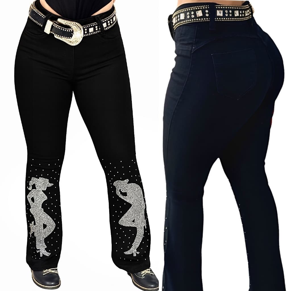 Calça Country Flare Jeans Feminina Rodeio Cowgirl Cowboy Preta Cintura Alta Brilhos Luxo Cavalgada