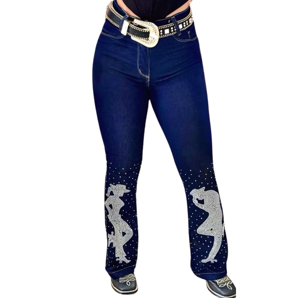 Calça Country Flare Jeans Feminina Rodeio Cowgirl Cowboy Escura Cintura Alta Brilhos Luxo Cavalgada