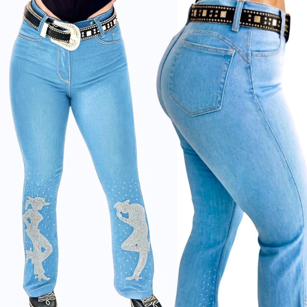 Calça Country Flare Jeans Feminina Rodeio Cowgirl Cowboy Clara Cintura Alta Brilhos Luxo Cavalgada