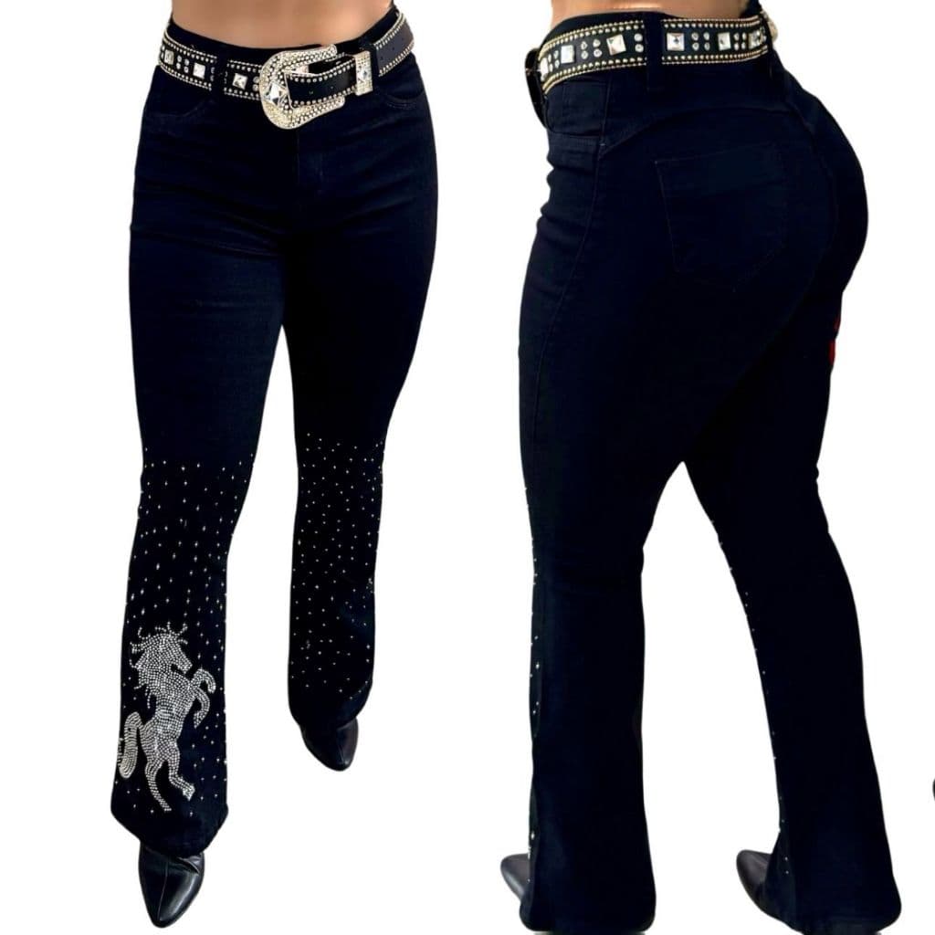 Calça Country Flare Jeans Feminina Cavalo Pedraria Preta Cintura Alta Brilhos Luxo Rodeio Cavalgada