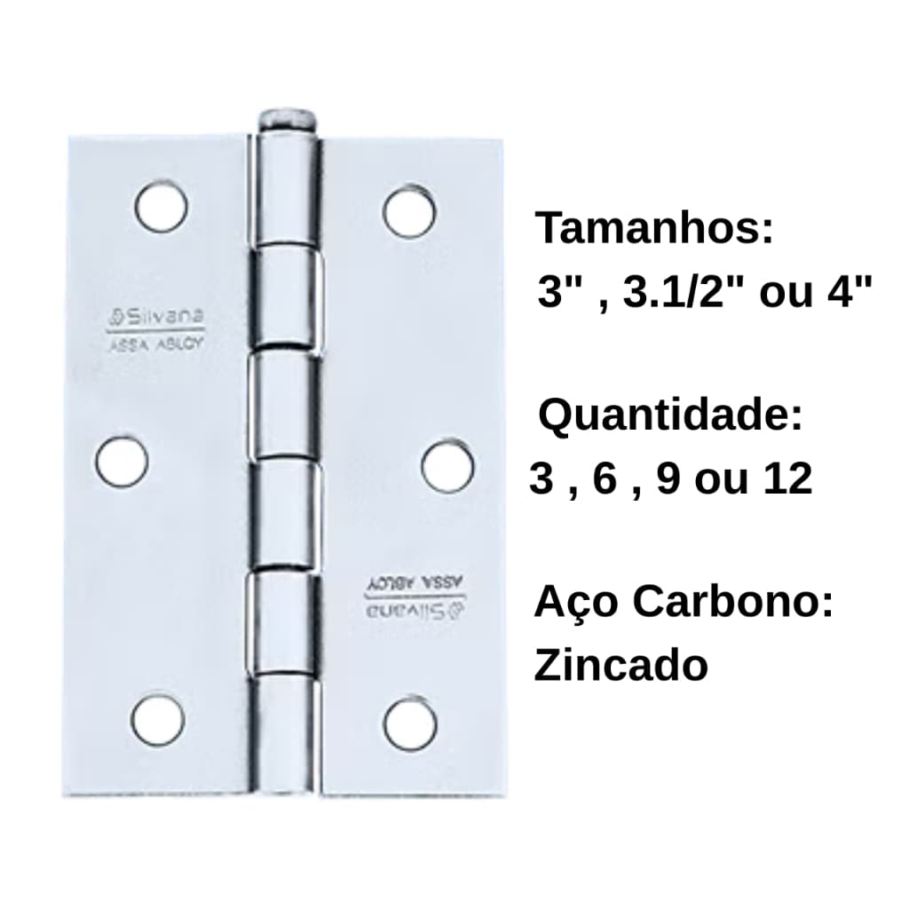 Kit 3 6 9 12 Dobradiças Reforçadas [3", 3.1/2", 4"] Aço Carbono P/ Porta Pesada e Maciça - Promoção!