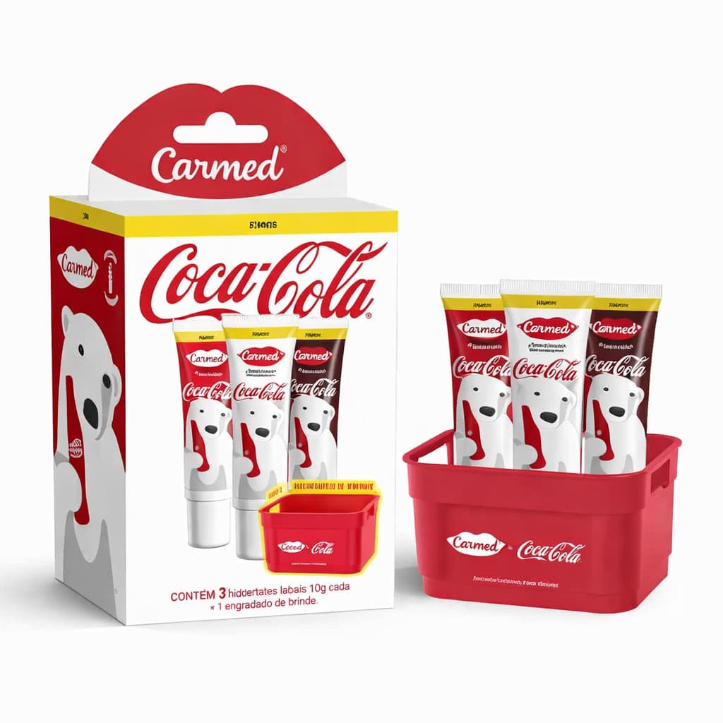 Kit Coca-Cola Cimed: 3 Hidratantes Labiais 10g + Engradado de Brinde