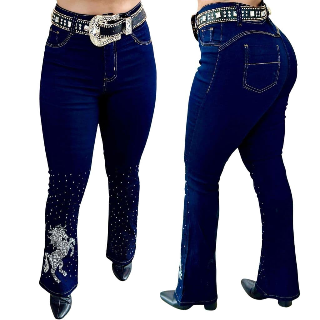 Calça Country Flare Jeans Feminina Cavalo Pedraria Escura Cintura Alta Brilhos Luxo Rodeio Cavalgada