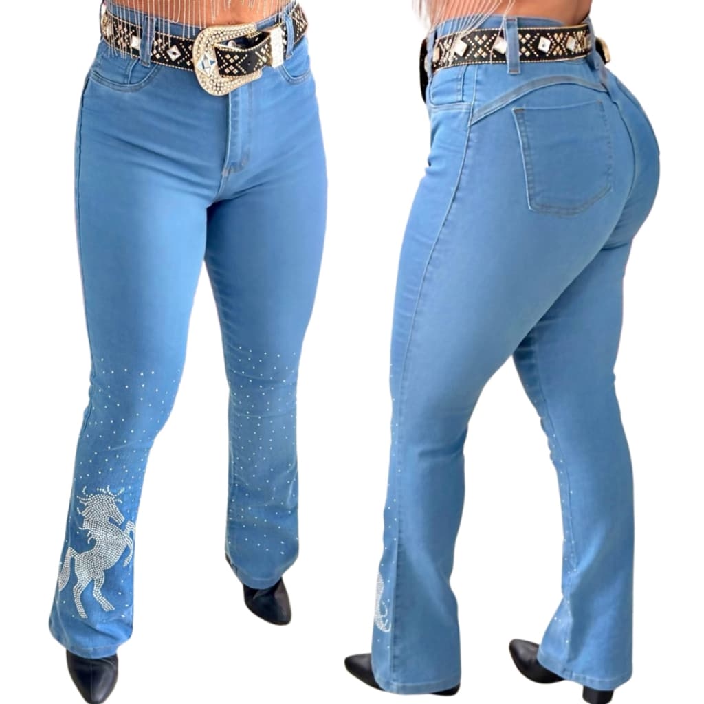 Calça Country Flare Jeans Feminina Cavalo Pedraria Clara Cintura Alta Brilhos Luxo Rodeio Cavalgada