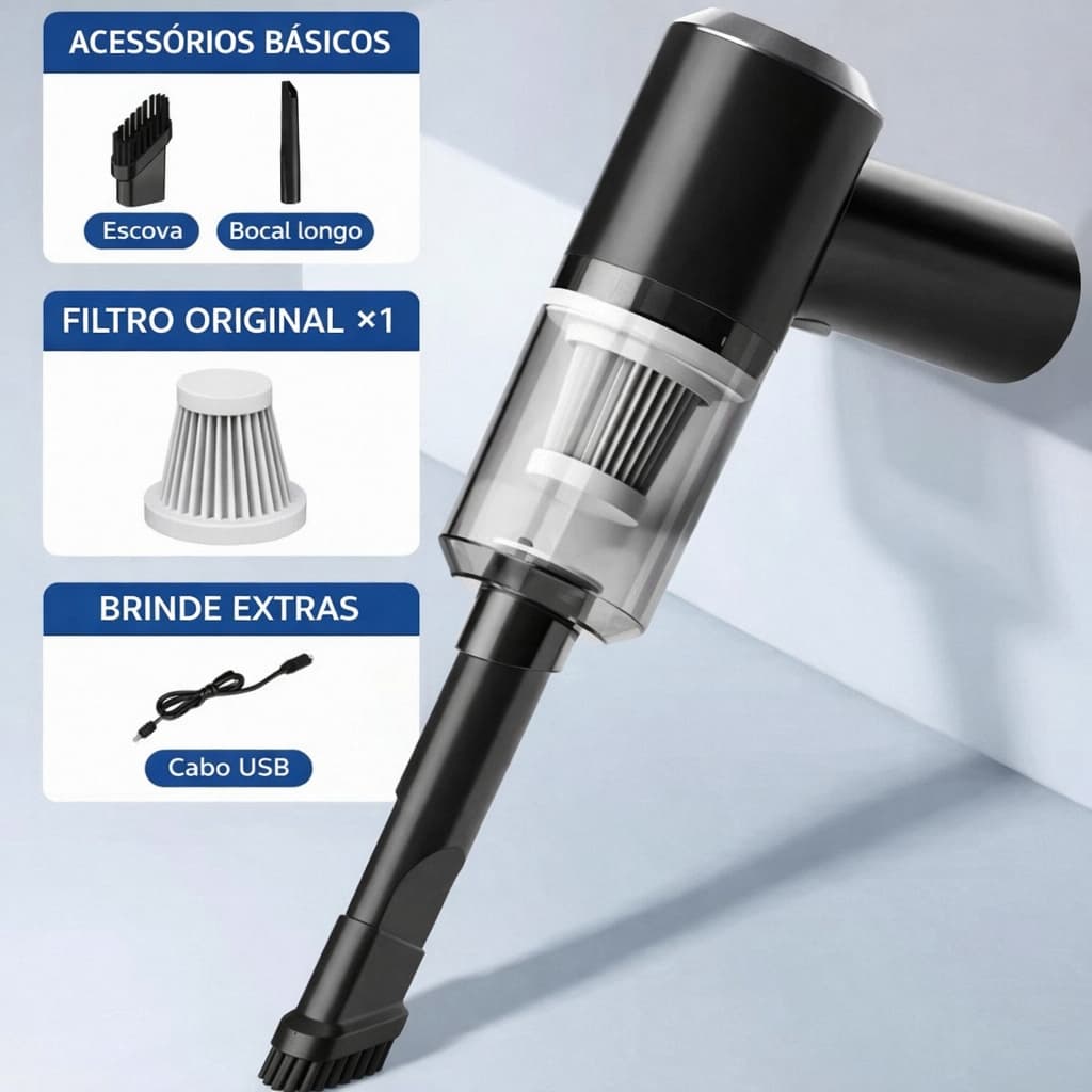 Aspirador de Pó Portátil Recarregável para Carro, Alta Potência, Uso Veicular e Doméstico