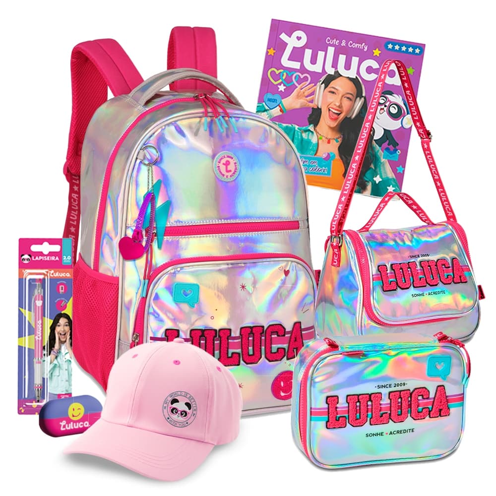 Kit Mochila Costas Estojo Lancheira Luluca Teen Youtuber Fofa Coleção 2026 Holográfica Brilhante
