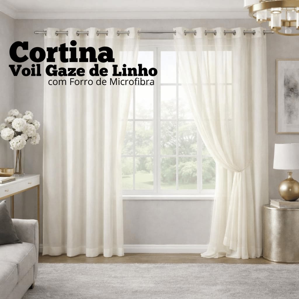 Cortina Voil Gaze de Linho com Forro Microfibra | Ilhós | Moderna e Elegante | Vários Tamanhos