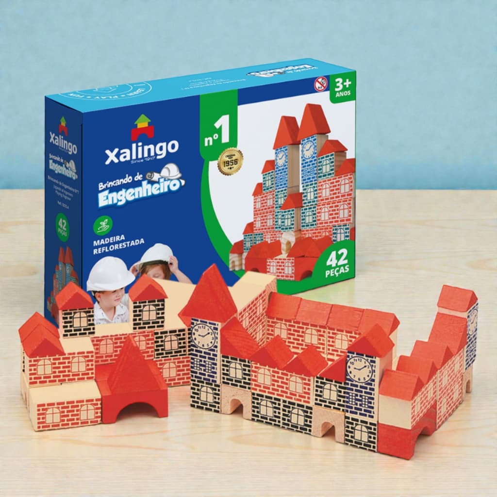Brinquedo Pedagógico Madeira Blocos de Montar Brincando de Engenheiro 42 Peças Xalingo Educativo