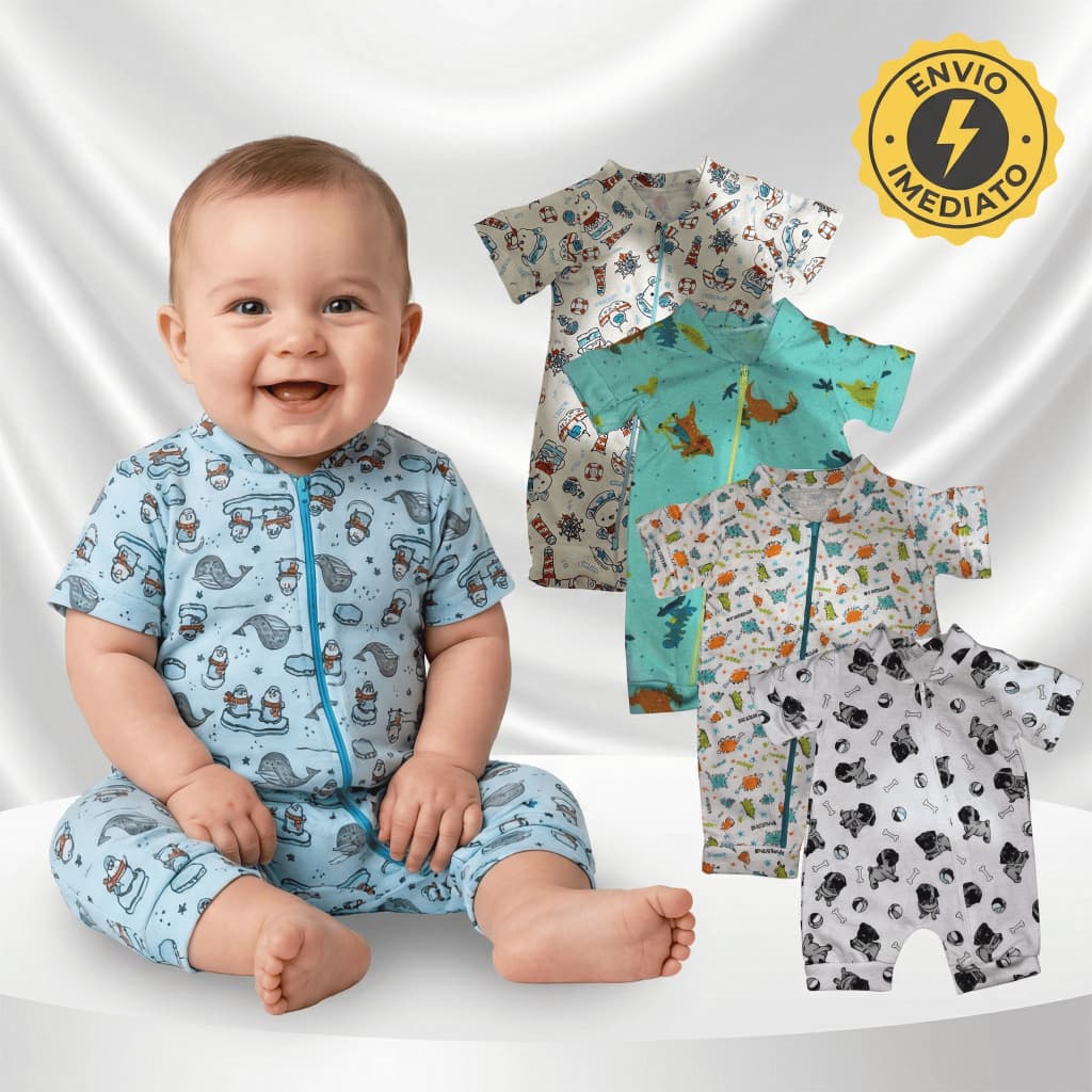 Kit 3 Macacão Estampado Menino Curto Ziper Bebê Algodão Verão Infantil Macio Macacão Masculino