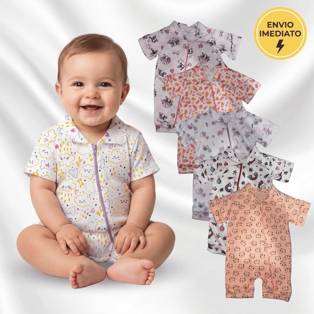 Kit 3 Macacão Estampado Menina  Curto Ziper Bebê Algodão Verão Infantil Macio Macacão Feminino