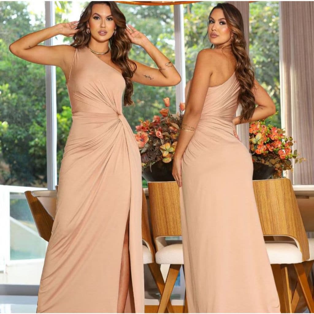 Vestido para Casamento Convidada Madrinhas Festa Chique Uma Manga Só com Nozinho na Cintura Mula Manca Manga Unica