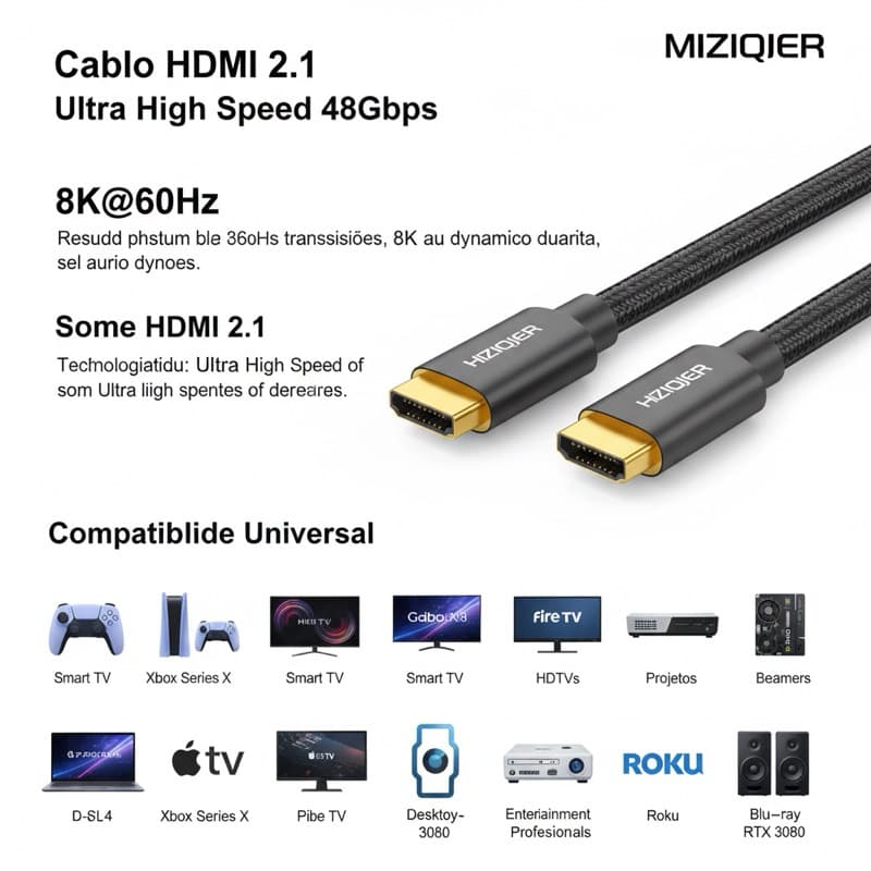 Cabo HDMI 2.1 Ultra High Speed 8K 60Hz 48Gbps Miziqier Profissional p/ Gamer PS5 Xbox PC