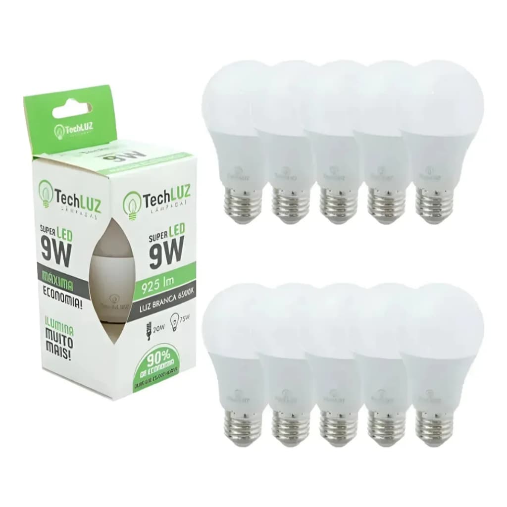 Kit 10 Lampadas LED 9W E27 Branco Frio 6500k Economica Alto Brilho Bivolt