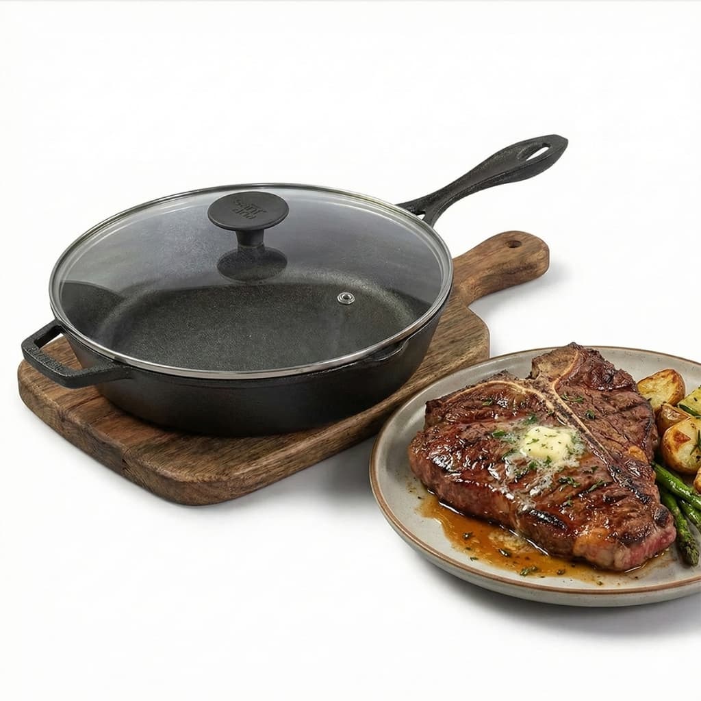 Frigideira Skillet 28 Cm de Ferro Fundido Grande Funda Com Tampa De Vidro Profissional Santana