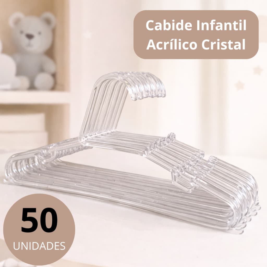 KIT C/ 50 CABIDES INFANTIS ACRÍLICO CRISTAL,28,5CM IDEAL P/ ORGANIZAÇÃO NO GUARDA ROUPA,É RESISTENTE