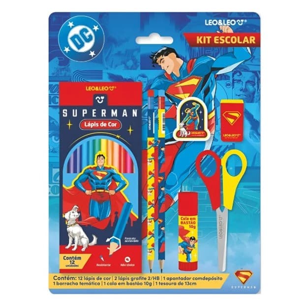 Kit Escolar Superman Lápis De Cor Com 12 Cores + 6 Peças Material escolar Menino Arte Borracha Apontador Cola