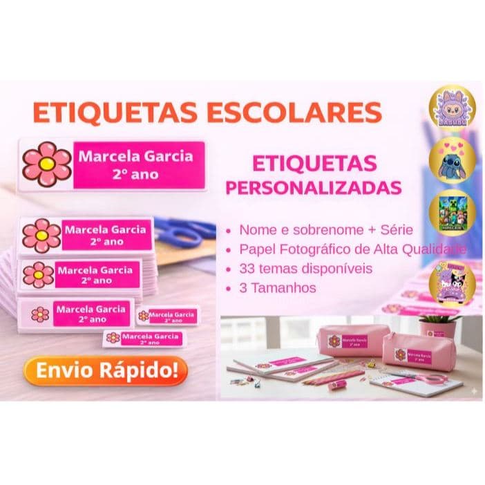 Etiquetas Escolares Personalizadas Nome e Série | Kit com 3 Tamanhos |