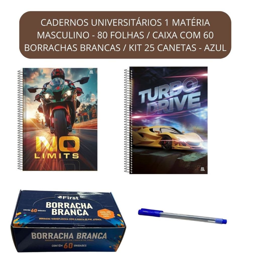 Cadernos Universitários Moto / Carro 1 Matéria  80 folhas/ Caixa 60 Borrachas/ Caixa 25 Canetas Azul