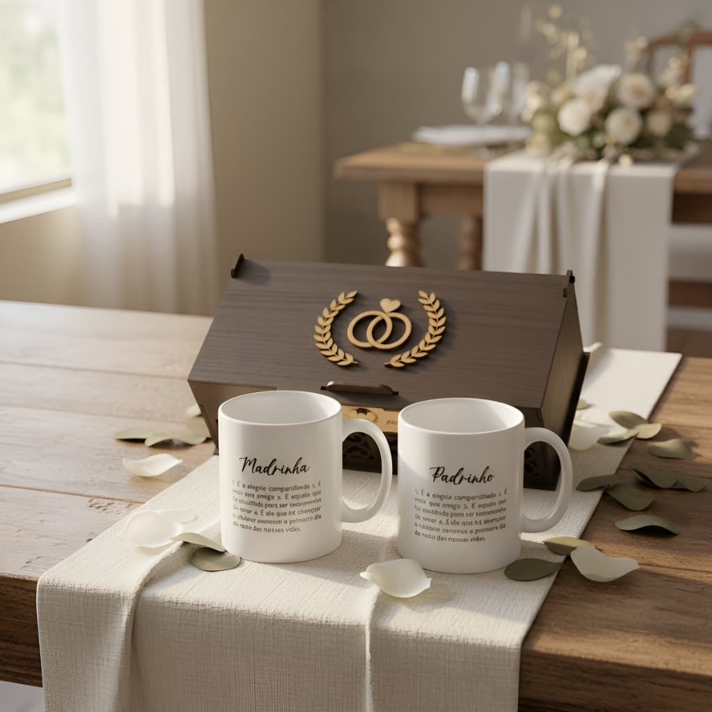 Caixa convite padrinhos casamento Kit com 2 canecas e caixa mdf Lembrancinha de casamento