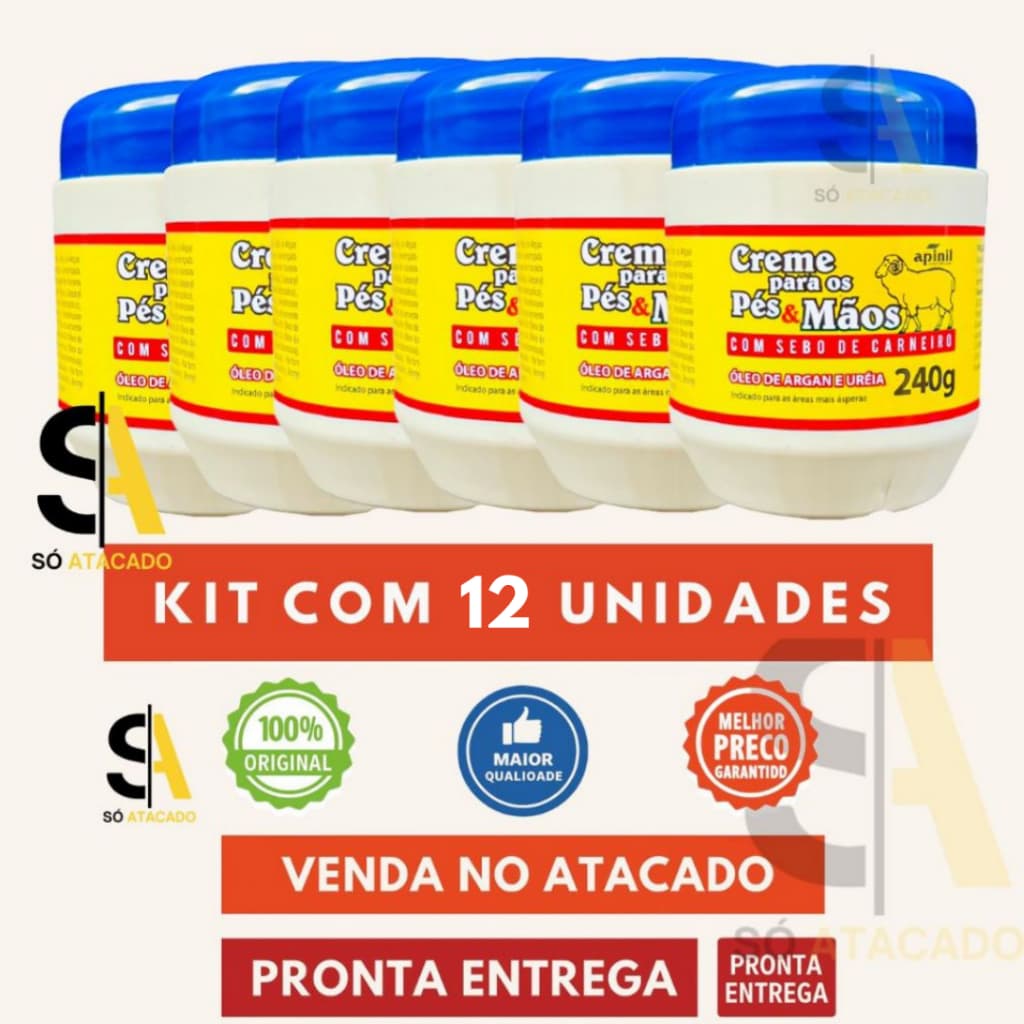 🔥 KIT 12 Und Creme Sebo de Carneiro Azul Apinil 240g Pés e Mãos | Original Atacado Revenda