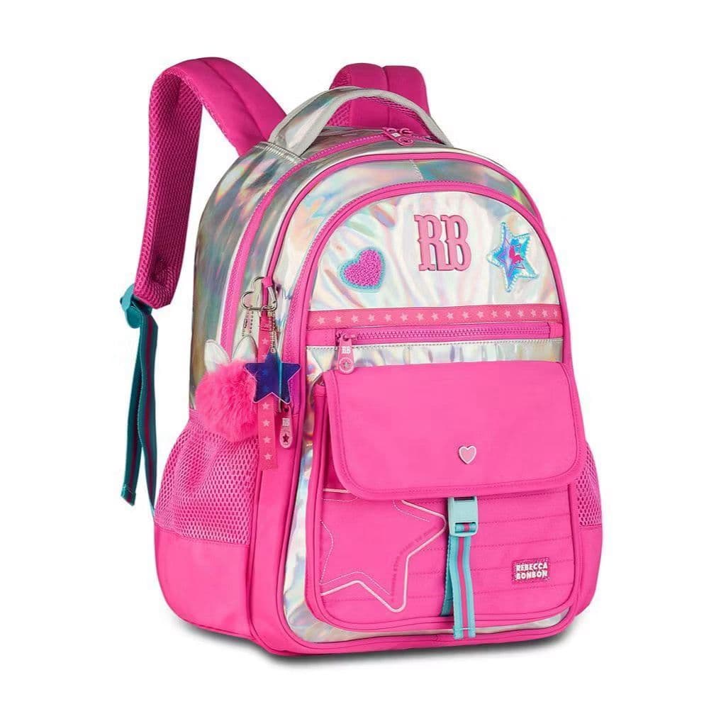Kit Mochila Juvenil Escolar Rebecca Bonbon Feminina Holográfica com Estojo ,Completa para volta as aulas