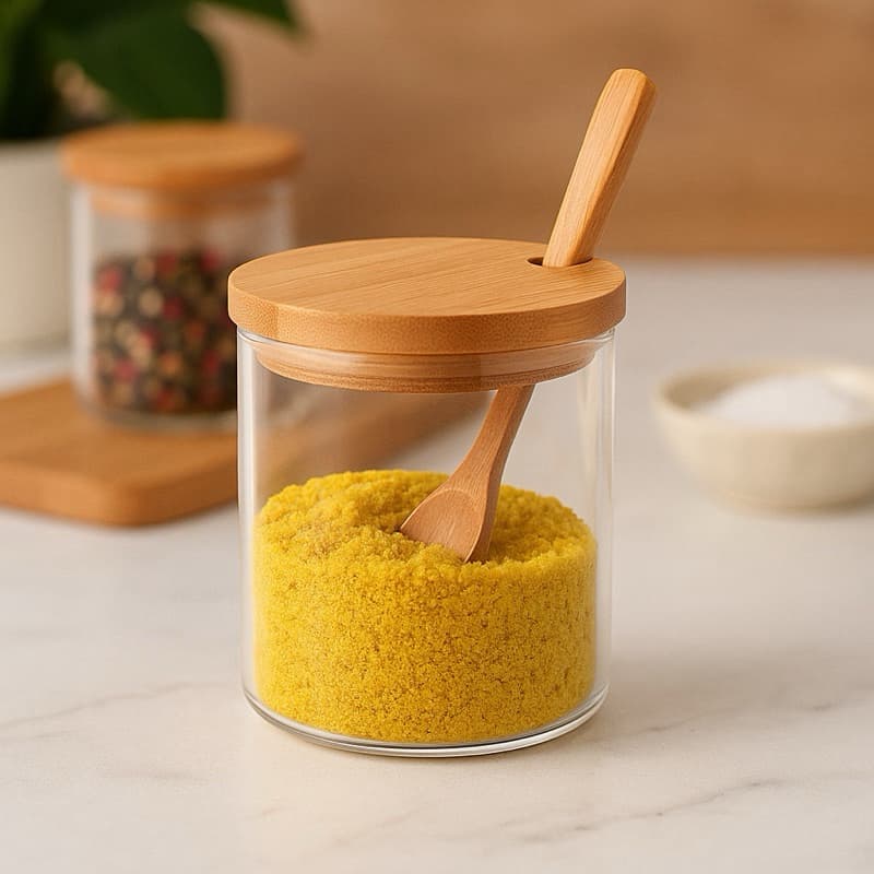 Porta Condimentos de Vidro 280ml com Tampa e Colher em Bambu - Organizador de Temperos