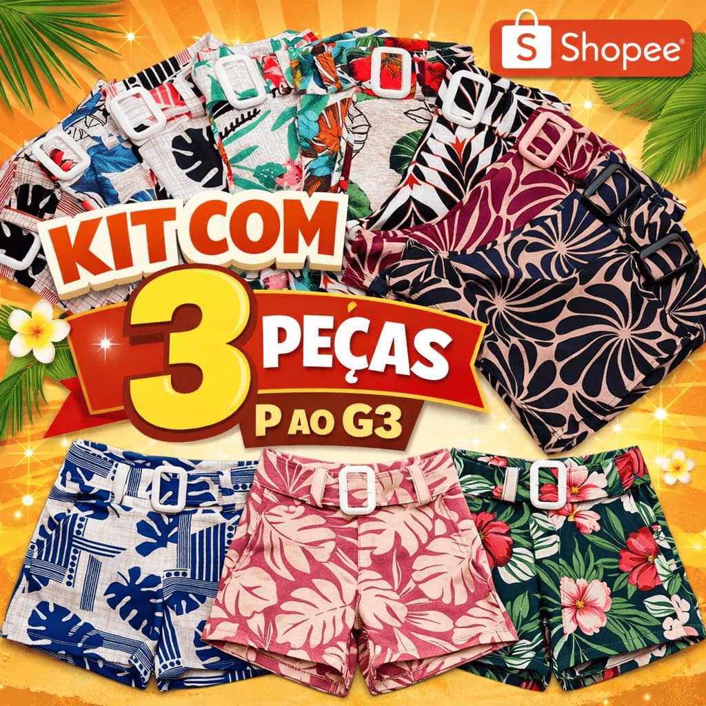 Kit Short Feminino Estamapdo com Cinto Leve mais Por menos P ao G3 34 ao 52