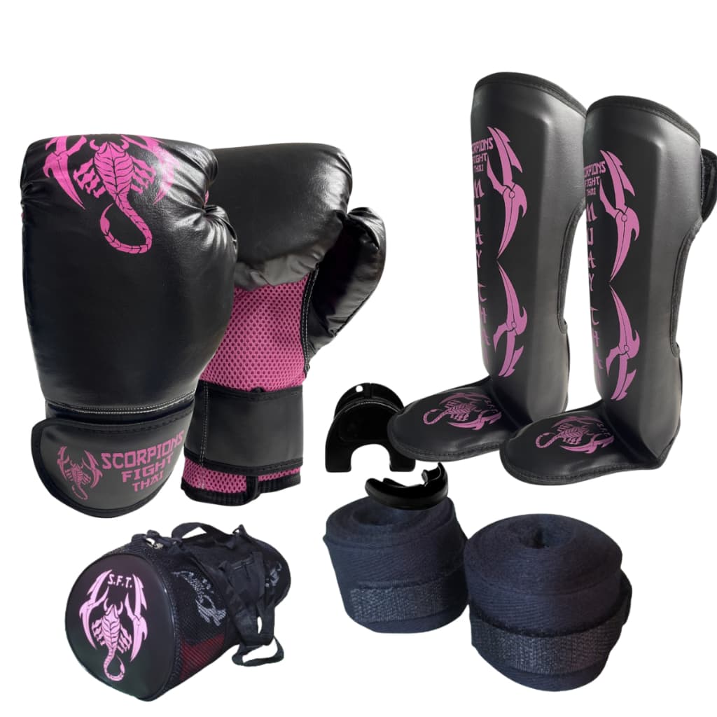 Kit Muay Thai Boxe Kickboxing Luva + Caneleira+Bolsa+Bucal+ bandagem