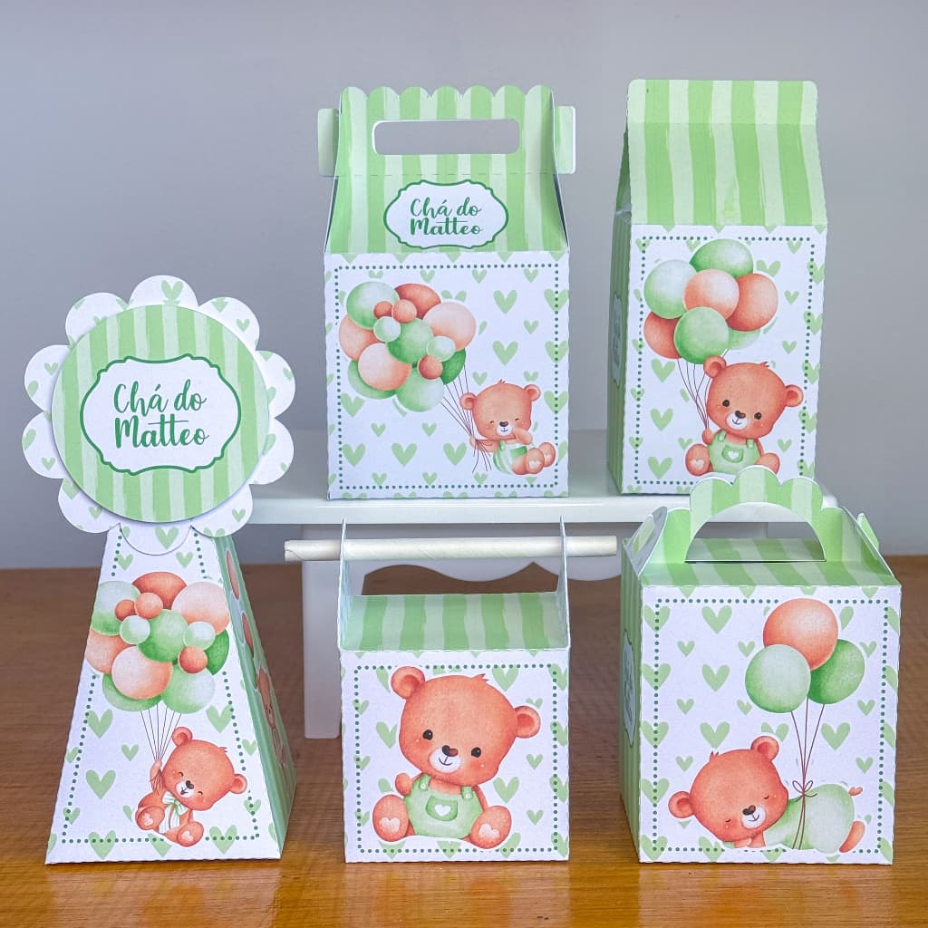 PEGUE E MONTE URSINHO BALÃO VERDE CHÁ DE BEBÊ PERSONALIZADO