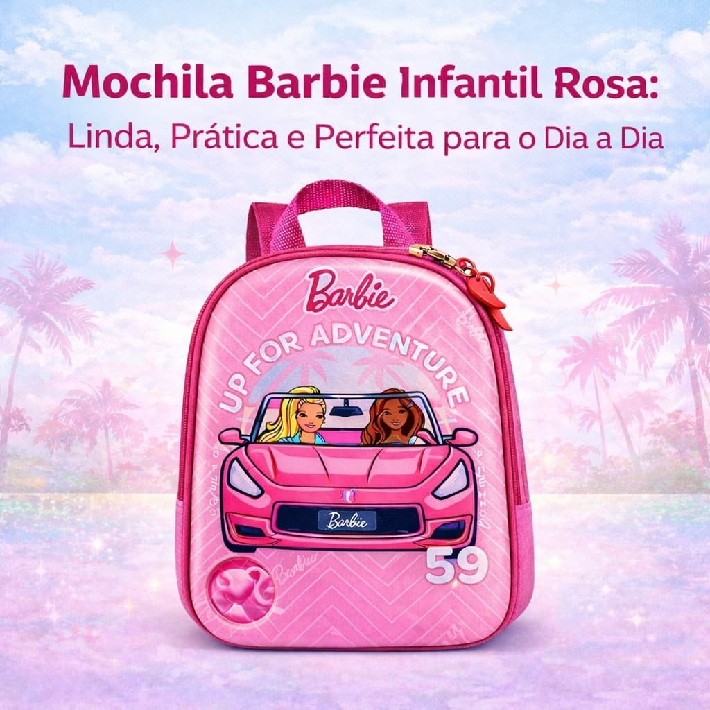 Mochila Infantil Barbie em 3D de alças Conversível Tamanho P – Rosa para meninas.