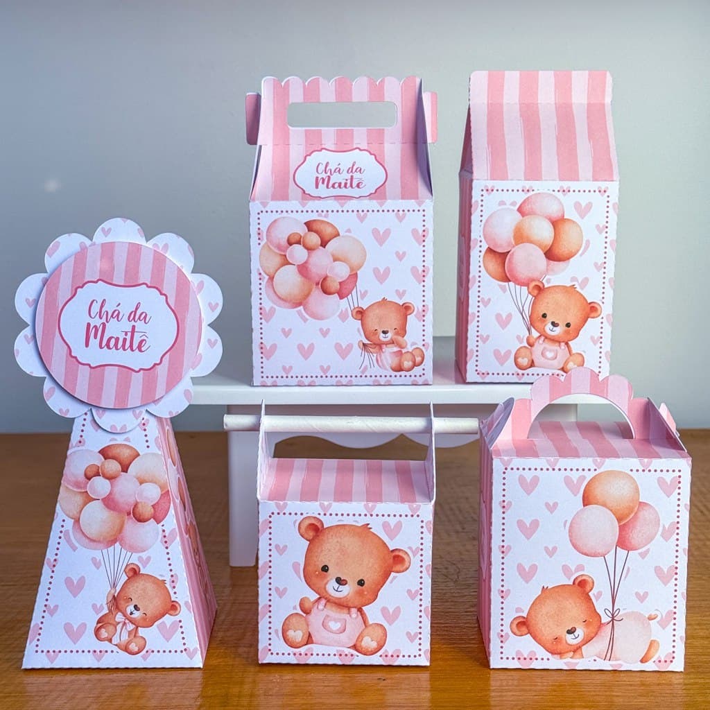 PEGUE E MONTE URSINHO BALÃO ROSA CHÁ DE BEBÊ PERSONALIZADO