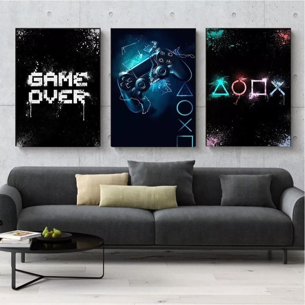 Quadros DecorativosGamer Controle Decoração de Parede para Quarto Gamer  Over 3 Telas