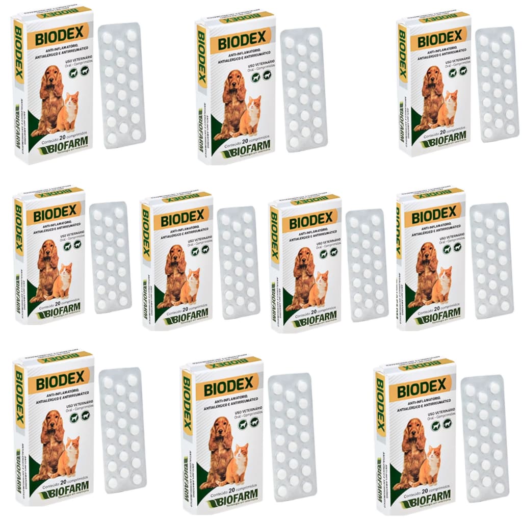 Biodex - 10 Blister com 20 Comprimidos cada - Anti-Inflamatório, Antialérgico, Antirreumático para Cães e Gatos