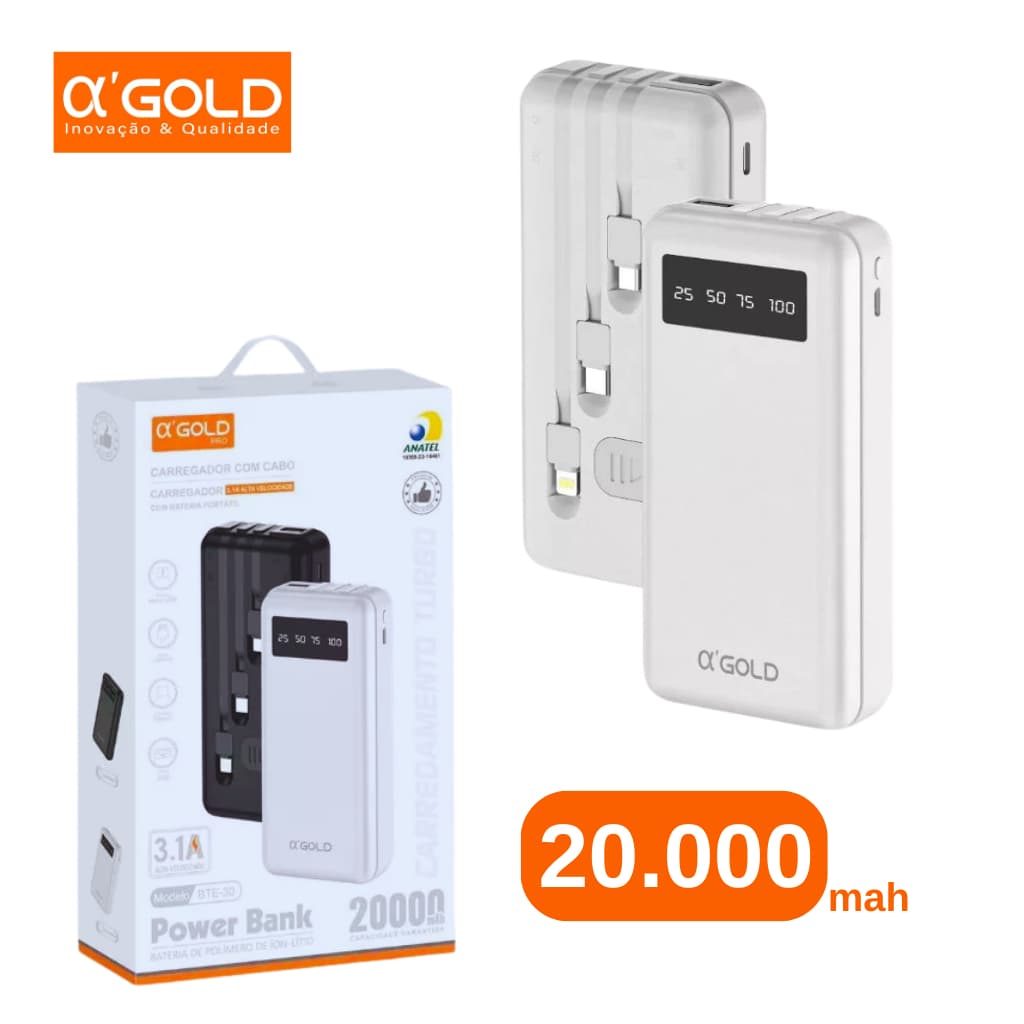 Power Bank A’Gold BTE-30 20.000mAh 3 Cabos 3.1A Alta Velocidade Turbo Visor em Led -21% OFF