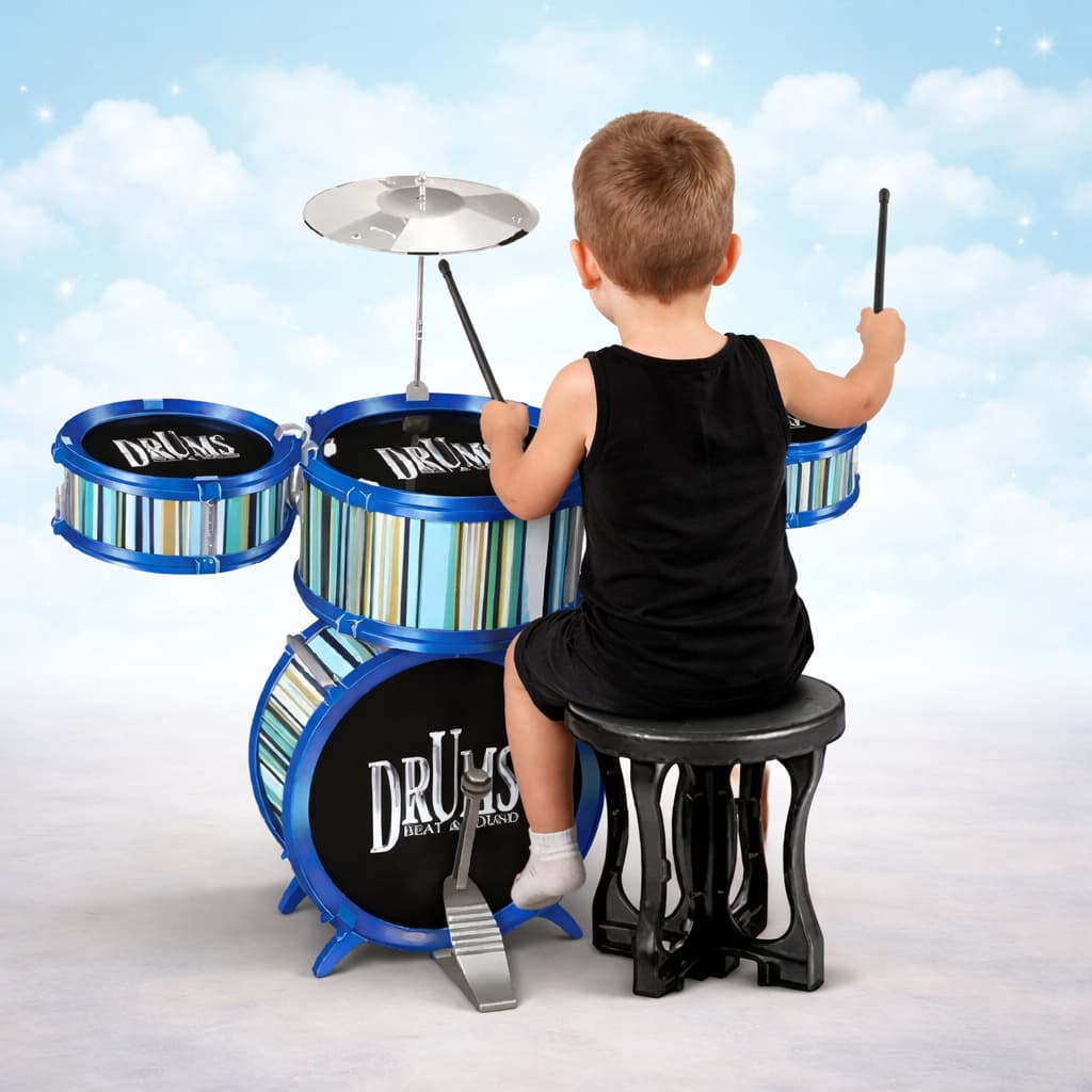 Bateria Musical Brinquedo Infantil com Baqueta Bumbo Tambores Banquinho Prato 40CM