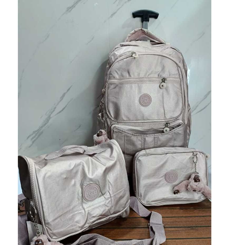 Conjunto Escolar Premium 3 em 1: Mochila de Rodinhas + Lancheira Térmica + Estojo/Nécessaire cor metalizado