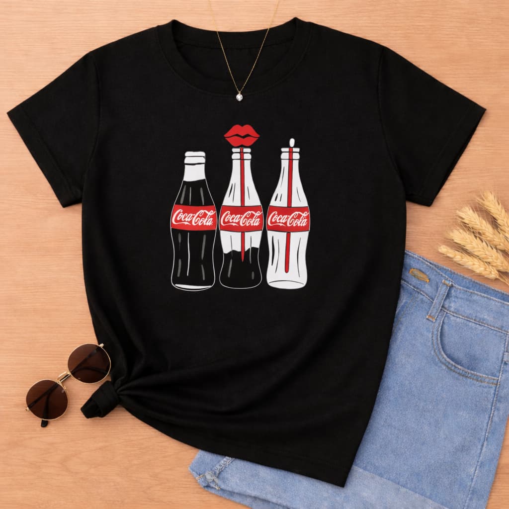 Camiseta Feminina Plus Size  Preta coca cola  Basica e Confortavél Baby Look