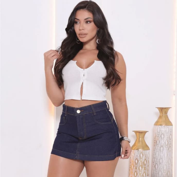 Short Saia Jeans Feminina Cintura Alta Versátil Laycra Elastano