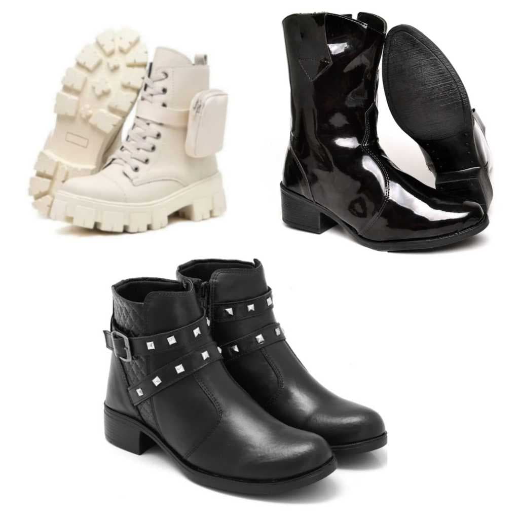 Coturno Feminino Tratorada Com Bag Off White + Bota Texana Preto + Bota Cano Baixo REF 206 Preto