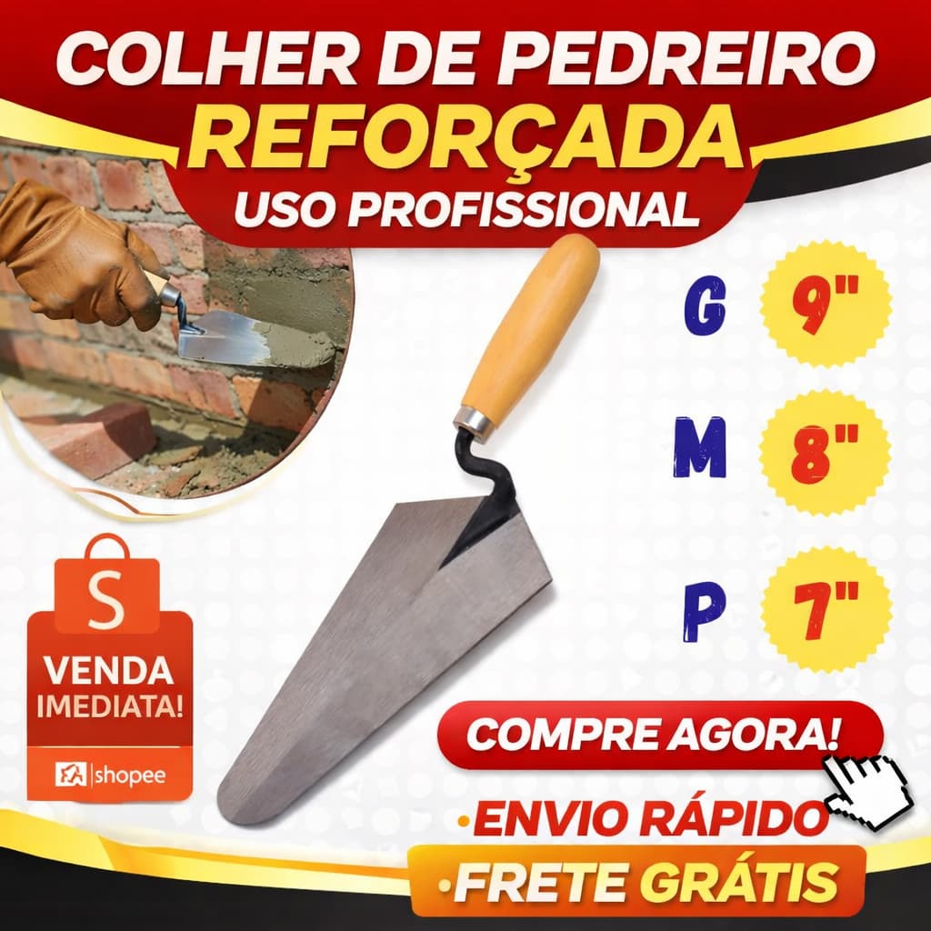 COLHER DE PEDREIRO REFORÇADA PROFISSIONAL CANTO RETO. PEQUENA, MÉDIA E GRANDE- VARIAÇÕES